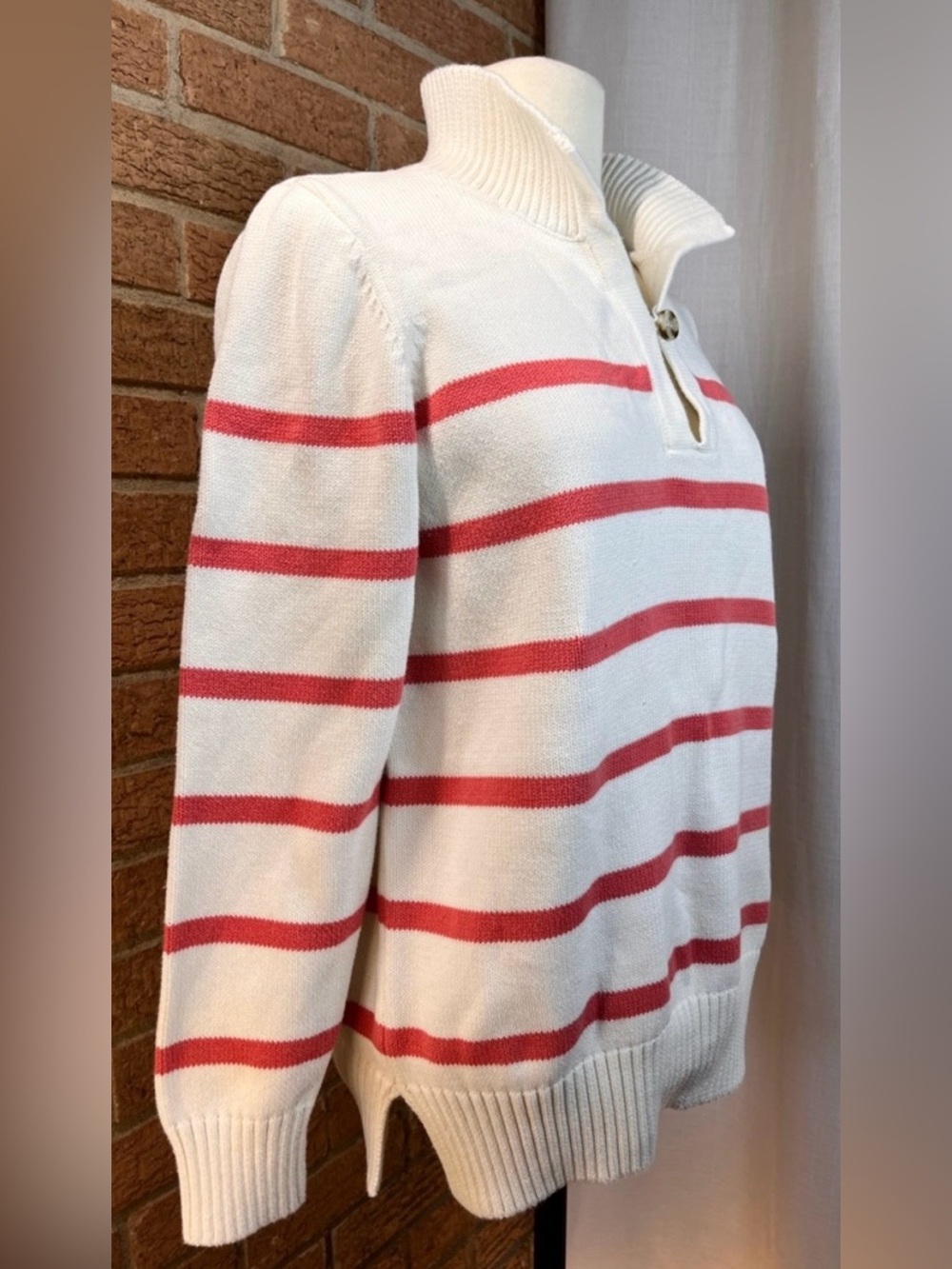 Appleseed’s Petite Nautical Striped Sweater PM Red White V-Neck Collared Knit